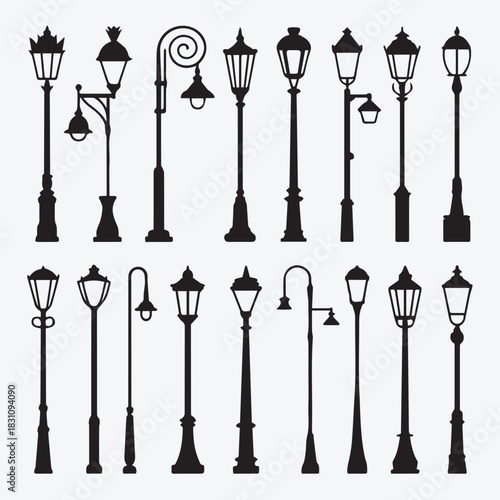 Large Collection of Ornate Antique Street Lamp Silhouettes and Traditional Lamppost Icons