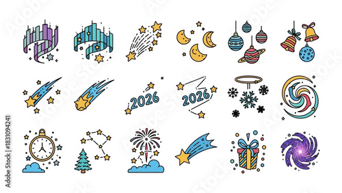 Celestial Celebrations: A festive ensemble of icons embodying the spirit of celebration, featuring shooting stars, celestial bodies, and decorative elements.