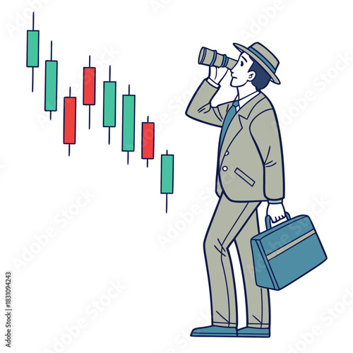 Businessman with binoculars looking at stock market candlestick chart with falling prices
