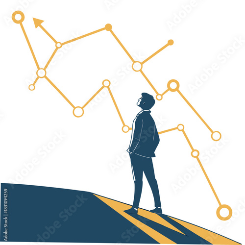 Businessman looks up at fluctuating financial graph representing market trends and future possibilities