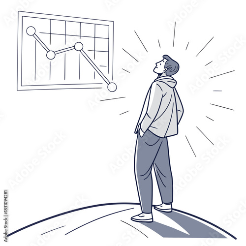 Man looks up at a downward trending graph with a thoughtful expression and radiating lines of contemplation