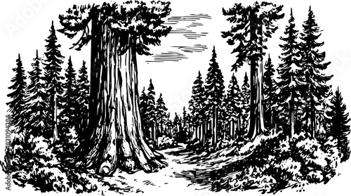 Engraving of a forest featuring tall trees and a winding path. The vintage, hand-drawn style creates a natural scene in a black outline vector illustration.
