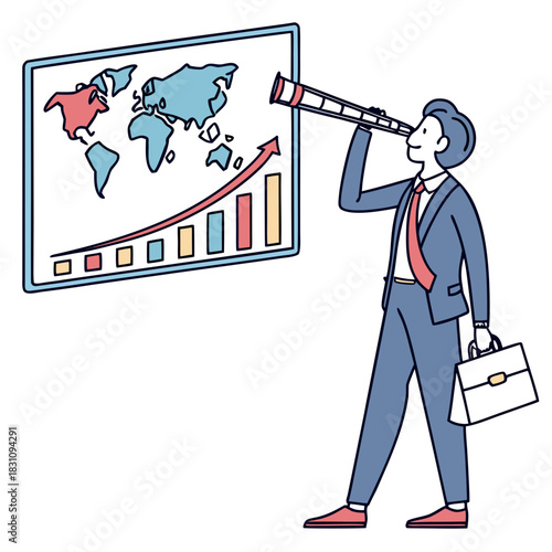 Businessman with spyglass looking at world map and growing business graph on whiteboard