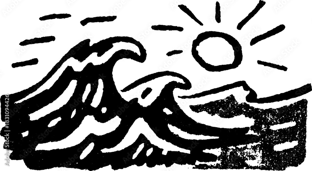 Obraz premium Wave and sun silhouette in black outline drawing. Simple illustration showcasing nature and ocean elements in a hand-drawn vector style.