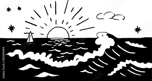 Sailing silhouette against the black sea during sunset. Hand-drawn vector illustration with waves, stars, and clouds in a simple style.
