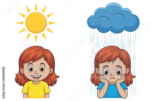 A child experiences contrasting emotions under sunny and rainy weather conditions.