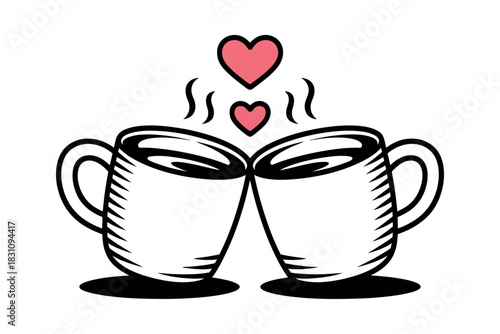 Two steaming coffee mugs clink together with hearts floating above them.