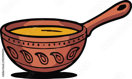 Soup in various bowls and pots on a kitchen table with utensils and pottery objects