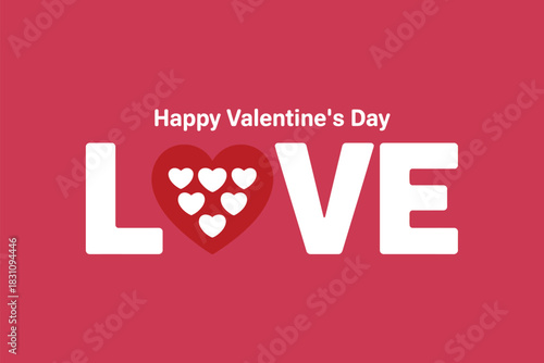 Happy Valentine's Day text with a large red heart symbol and seven smaller hearts.