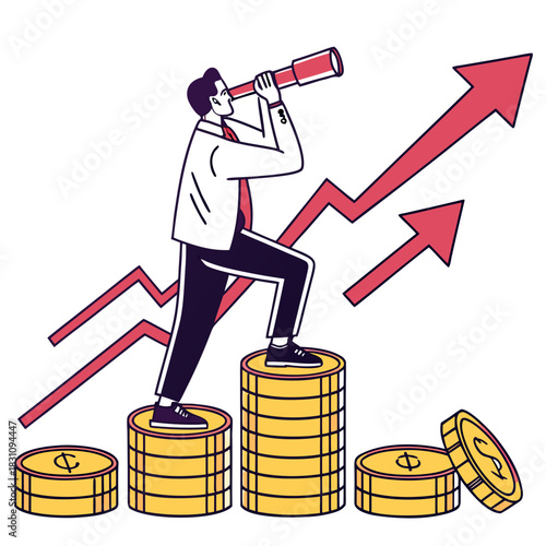 Businessman with spyglass on stack of coins looking at upward trending financial growth chart arrows
