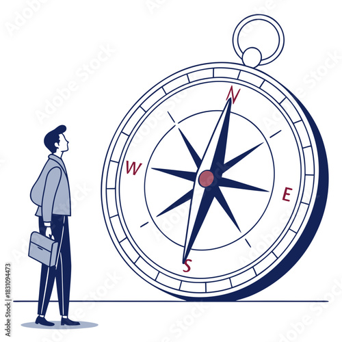 Businessman standing in front of a large compass looking for direction and guidance in his career path