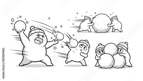 Snowball Battle: Delightful cartoon characters engage in a playful snowball fight, showcasing the joy of winter and camaraderie.