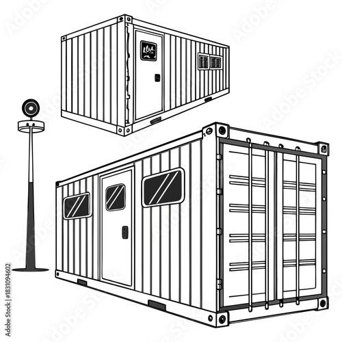 Modern shipping container offices and a security light post on a white background