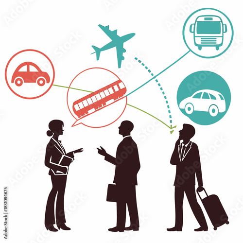 Business professionals discussing travel options including car train airplane and bus transportation choices