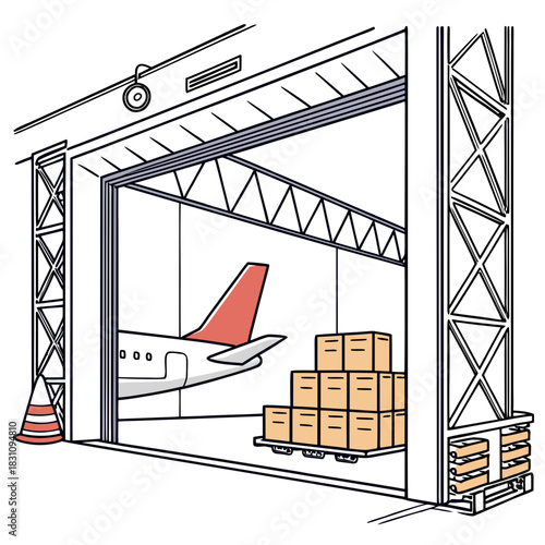 Airplane inside a hangar with cargo boxes stacked on a trolley and pallets nearby