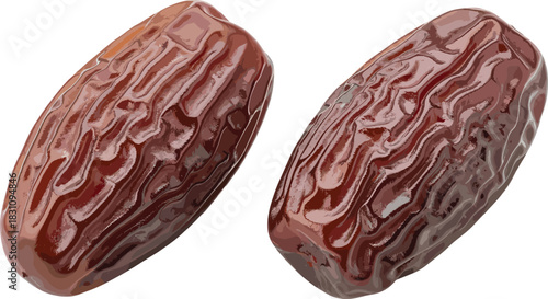 Two glossy dried dates with wrinkled texture, reddish-brown color, isolated on white background for healthy snack illustration