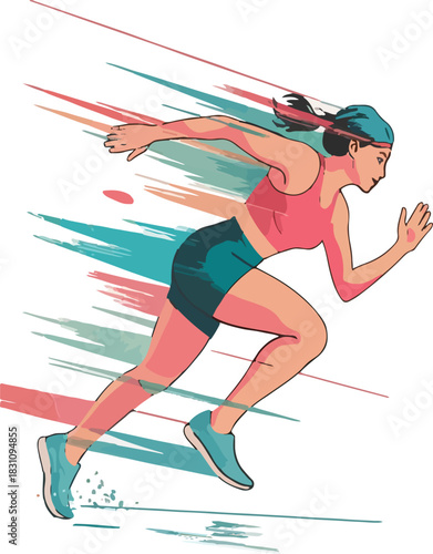 Young woman athlete running on a treadmill in a sporty cartoon vector illustration