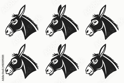 Minimalist donkey head icon set with bold colors