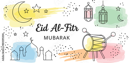 Eid al-Fitr splash illustration—vector with crescent moon, mosque, lanterns, drum, stars, and colorful festive backgrounds