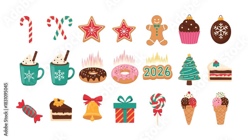 Festive Treats and Delights: An array of delightful sweets and treats, including gingerbread figures, candies, ice cream cones and star-shaped cookies. Evoking the cheer of seasonal celebration