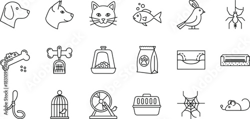 Pet, care, icons, dog, cat, fish, bird, spider, bone, food, leash, cage, carrier, bed, litter, wheel, gate, bowl, web, animal, silhouette