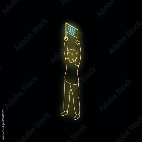 Neon isometric view of an activist raising a banner during a protest march
