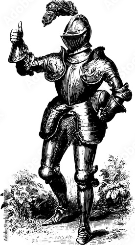 Knight engraving in antique style. Detailed hand-drawn black outline with vintage aesthetic in a vector illustration set featuring a classic figure and foliage.