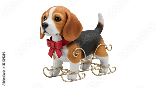 Beagle on Sled: A charming beagle figurine, sporting a red bow, joyfully poised on decorative sled, capturing the spirit of festive season.