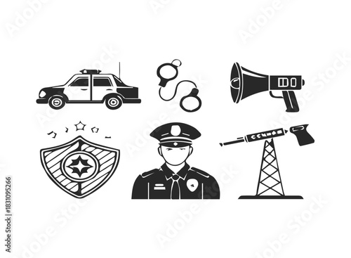 Police and law enforcement icon set black and yellow