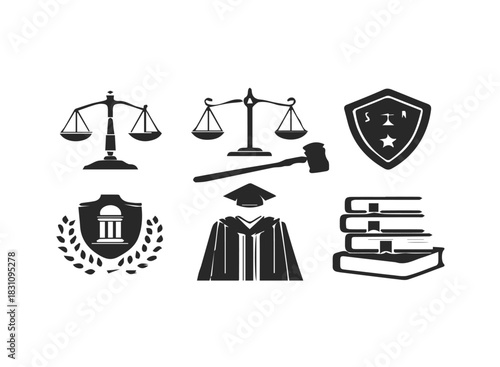 Legal court justice black icon set for design projects