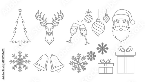 Holiday Icon Collection: A set of charming and festive holiday-themed icons, including a decorated Christmas tree, reindeer, champagne glasses, Santa Claus, snowflakes, bells, Christmas ornaments.