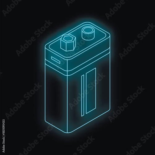 Neon battery icon glowing on dark background, representing energy, power, and electricity