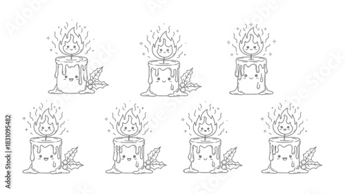 Enchanted Candles: A heartwarming monochrome depiction of seven adorable candles, each radiating with animated flames and an inviting, cheerful essence. 