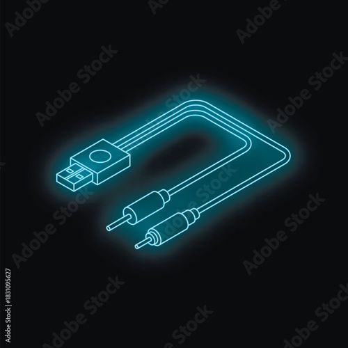Neon blue usb cable with audio jack connectors glowing on a dark background, representing digital audio connectivity