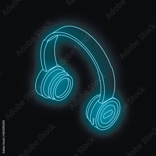 Wireless headphones glowing with neon light on a dark background, representing music, technology, and sound