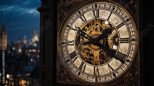 Illuminated Clock Face of Big Ben at Night in London.