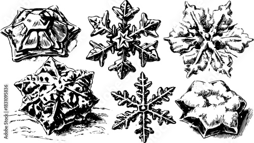 Snowflake silhouettes in an antique engraving style. Black and white hand-drawn vector illustration set showcasing intricate patterns.