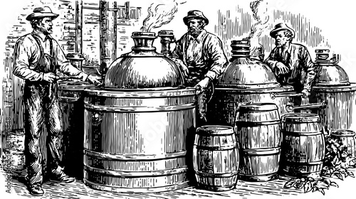 Antique engraving of men working in a vintage workshop. A detailed vector illustration featuring brewing tools and casks in an industrial set.