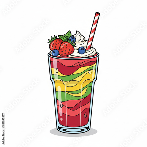 Fresh strawberry cocktail with ice and green mint in a glass isolated on white background, a sweet red berry juice refreshment for a healthy summer drink