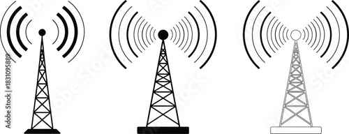 Black and White Silhouettes of Radio Transmission Towers with Signal Waves Keywords: radio, transmission, tower, antenna, signal