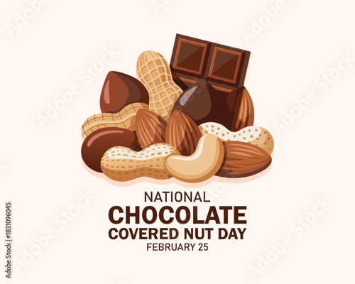 National Chocolate Covered Nut Day vector. Pile of mixed nuts in chocolate icon. Group of chocolate covered nuts vector illustration. February 25 every year. Important day.