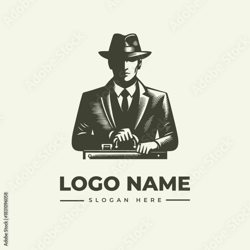 Retro Detective Vector Logo Illustration Engraving Design