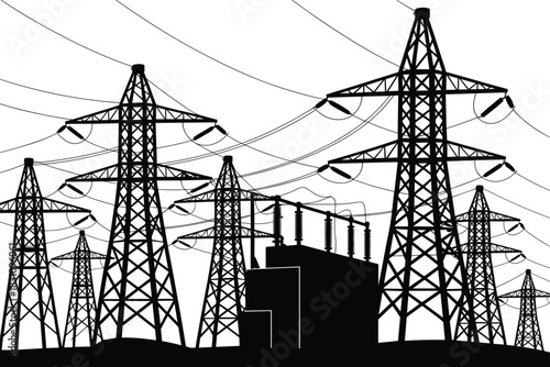 Black Silhouette of a Power Station with Multiple High- Voltage Transmission Towers and Wires electricity