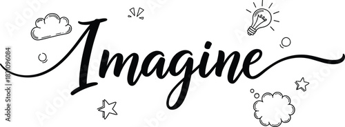 Imagine typography illustration—whimsical icons with cloud, light bulb, star, and thought bubble for creative design visuals 