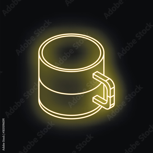 Glowing yellow neon mug isometric view on black background, perfect for representing breakfast, coffee break, or tea time