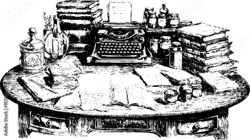 Vintage typewriter on a cluttered table with books, jars, and paper. Hand-drawn illustration showcasing retro stationery and office items in a vector style.