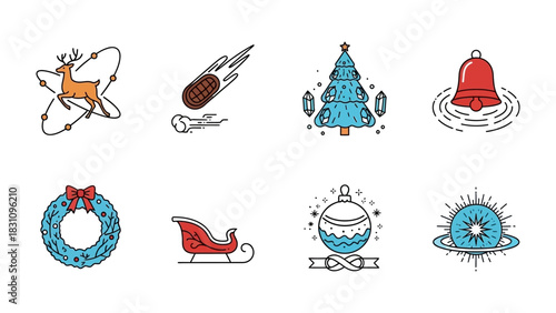 Festive Icons Collection: A vibrant assortment of holiday-themed icons, including a decorated Christmas tree, festive wreath, and sleigh, capturing the essence of the season.
