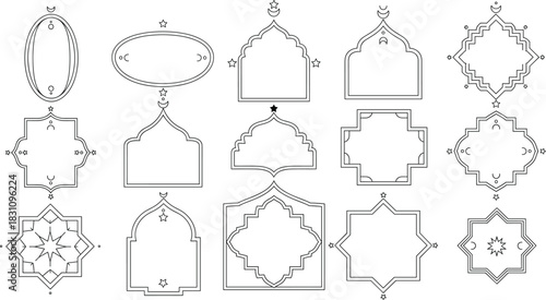 Islamic frame set—15 geometric and architectural outlines with stars and crescents for decorative and spiritual visuals