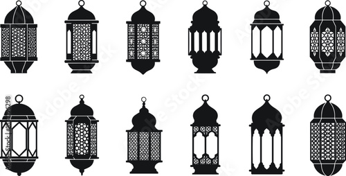 Islamic lantern icon set—12 black silhouettes with domes, arches, and ornate cutouts