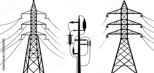 Black Silhouette of Electrical Transmission Towers and Utility Pole with Wires Keywords: electricity, power, transmission, tower